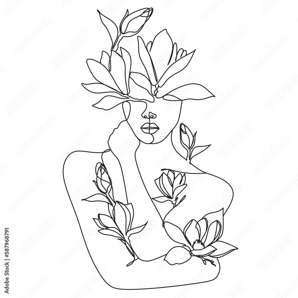 Vetor de Line Drawing. Abstract woman face with flowers by one line