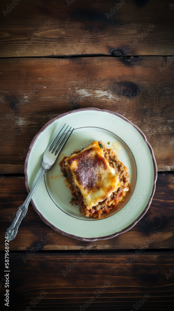 A Plate with a Slice of Lasagna in a Rustic Setting