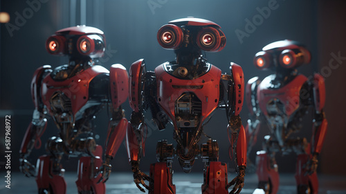 Three red robots created with Generative AI technology