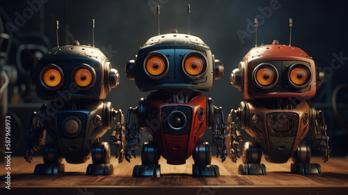 Three cute robots created with Generative AI technology