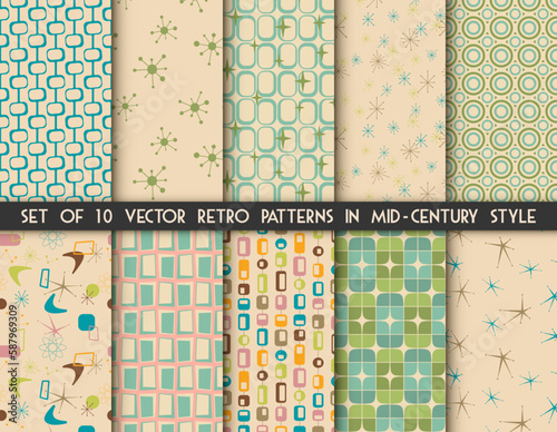 Set of 10 vector seamless mid century absctract geometric patterns. Space atomic age retro design.