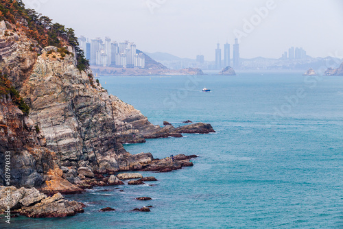 Busan, South Korea, coastal landscape with rocks at Dongbaek Park photo