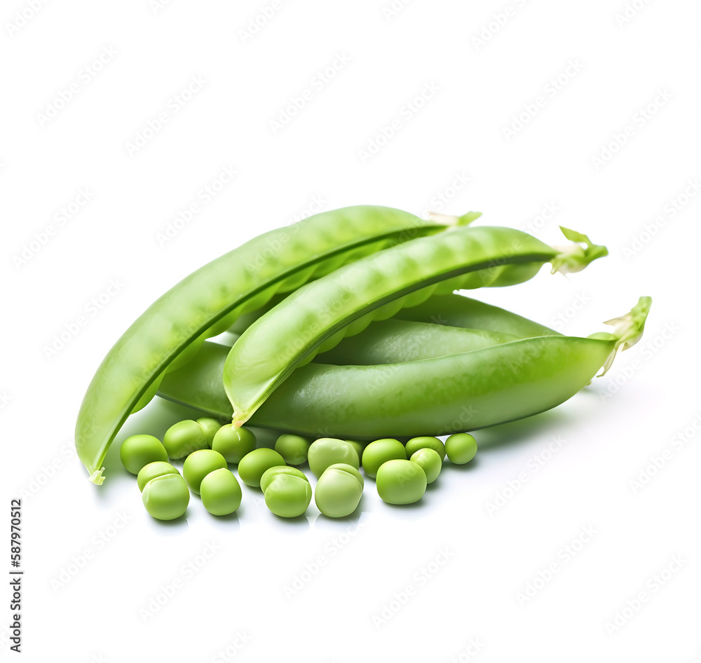 Young green peas on a white background. Come Ai generated. Young green peas on a white background. Come Ai generated.