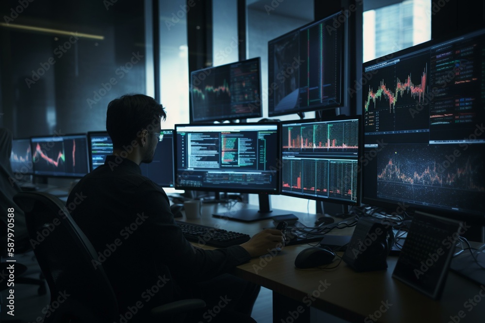 people analyzing data and making trades on computer screens Generative AI people analyzing data and making trades on computer screens Generative AI