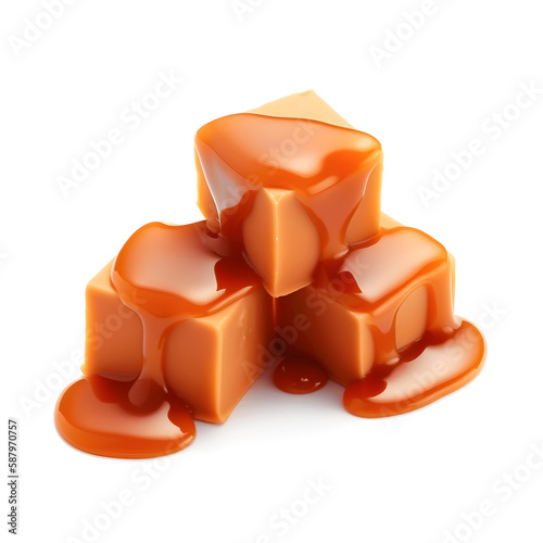 Caramel candy with caramel topping on white backgrounds. Healthy food ingredient. Come AI generated. photo