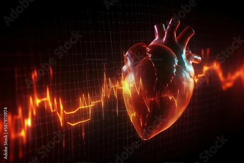 Digital generated heart shape with pulse trace. - Heart Health Concept. Generative AI Illustration