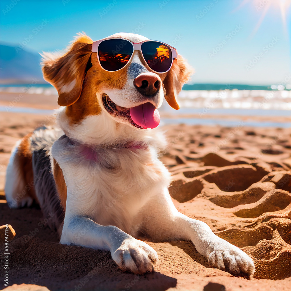 portrait of a dog in sunglasses on the beach