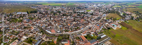 Aerial view of the old town of Nuits-Saint-Georges in France in early spring