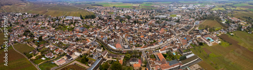 Aerial view of the old town of Nuits-Saint-Georges in France in early spring