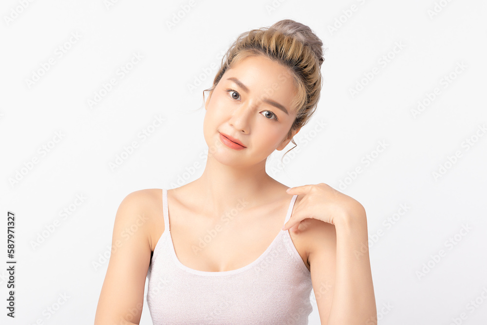 Happy beautiful young asian woman clean fresh bare skin concept. Asian girl beauty face skincare and health wellness, Facial treatment, Perfect skin, Natural make up. Isolated on white background. Happy beautiful young asian woman clean fresh bare skin concept. Asian girl beauty face skincare and health wellness, Facial treatment, Perfect skin, Natural make up. Isolated on white background.