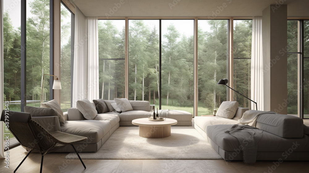 interior living room with large windows and overlooking the forest views, generative ai interior living room with large windows and overlooking the forest views, generative ai
