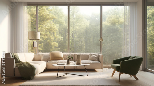 interior living room with large windows and overlooking the forest views, generative ai © innluga