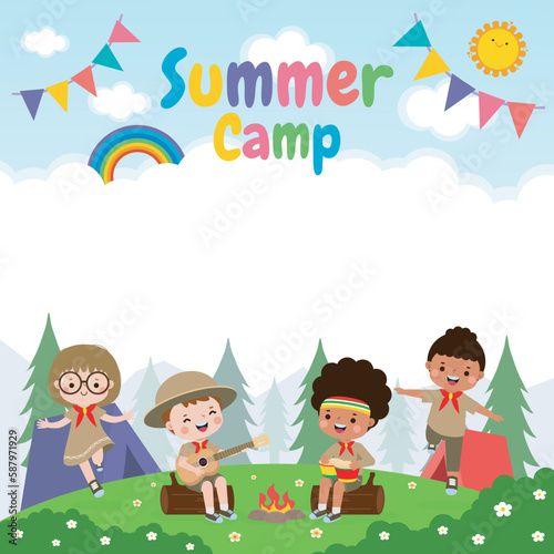 kids summer camp background education Banner Template for advertising brochure with cartoon of children doing activities on camping poster flyer your text ,Vector Illustration 