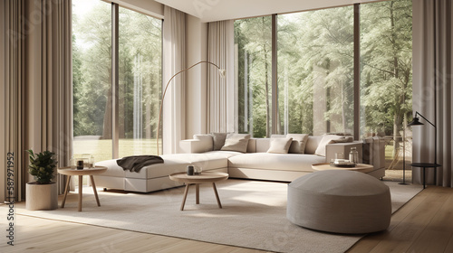 interior living room with large windows and overlooking the forest views  generative ai