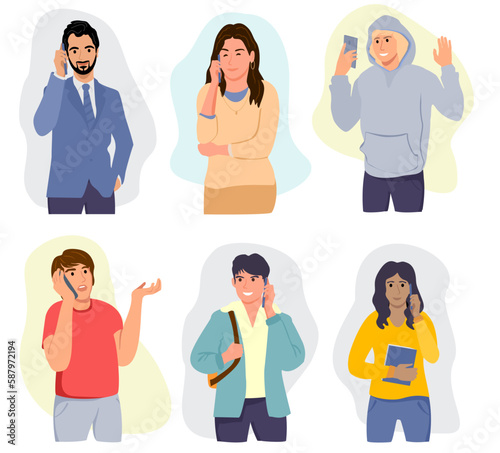 Diverse happy people using mobile phone set. Men, women and students holding smartphone for technology or internet communication concept. Characters collection. Flat Cartoon Vector Illustration.