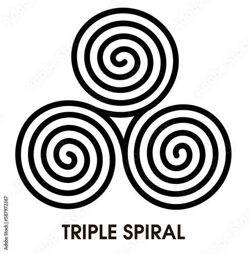 Vector breton and celtic original spiral triskele symbol. Black celtic triskelion spirals over white. Mystical protective sign. Triple spirals. Isolated vector illustration.