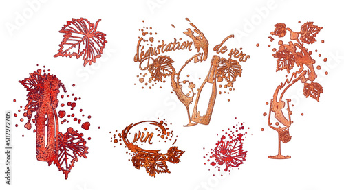 Wine Designs - Collection of wine glasses and bottles. Hand drawn elements for invitation cards, advertising banners, menus in gold style. Wine glasses with splashing wine. Sketch vector illustration.