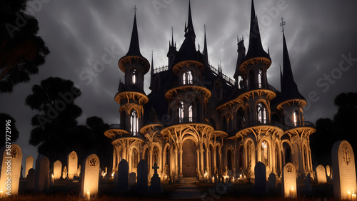  Illustration of an Art Nouveau style witch's mansion in the cemetery at night - AI Generated