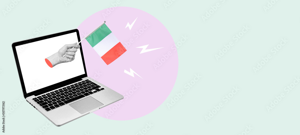 Art collage, the hand with the Italian flag from a laptop on a light background. Art collage, the hand with the Italian flag from a laptop on a light background.