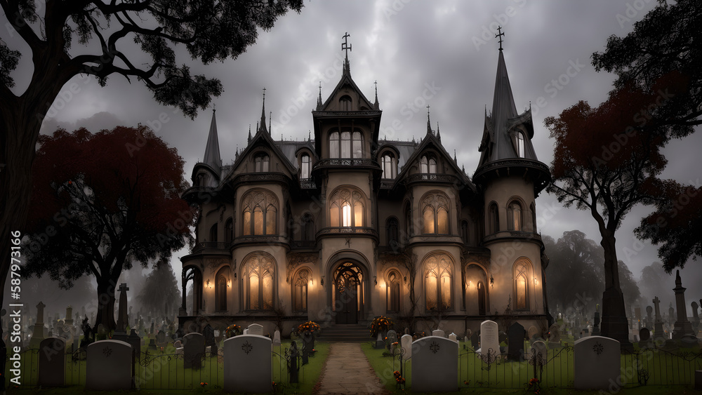  Illustration of an Art Nouveau style witch's mansion in the cemetery at night - AI Generated