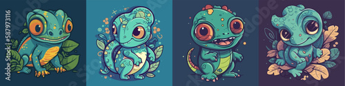 Flat color vector of happy chameleon set collection