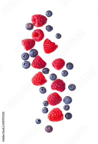 Falling berries of raspberry and blueberries on white backgrounds. Come AI generated.