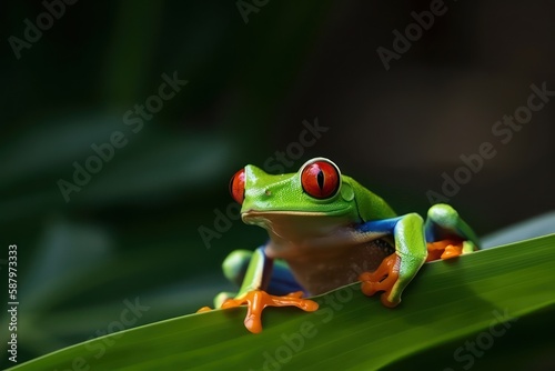 Red-eyed tree frog sitting on green leaves. Generative AI