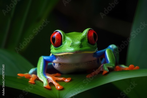 Red-eyed tree frog sitting on green leaves. Generative AI