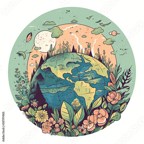 earth globe with flowers and leaves, earth day by generative ai
