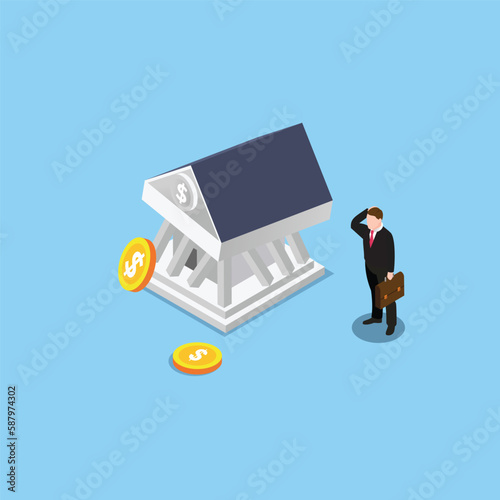 Businessman with banking collapse or bank run isometric 3d vector illustration concept for banner, website, illustration, landing page, flyer, etc.