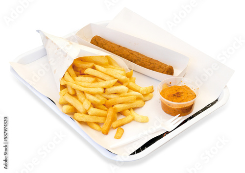 Frikandel with sauce and french fries. Isolated on white background.