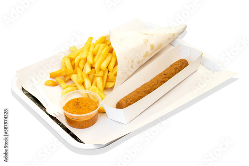 Frikandel with sauce and french fries. Transparent background.