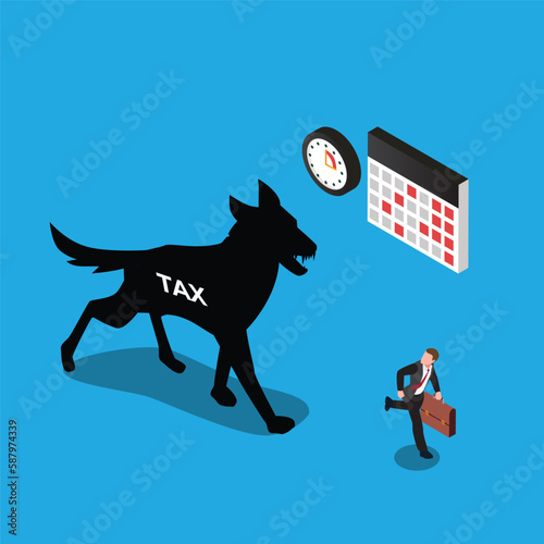 Afraid businessman runs away from angry dog with taxes written on it isometric 3d vector illustration concept for banner, website, illustration, landing page, flyer, etc.