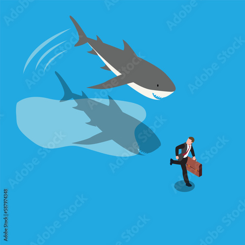 Businessman run away from shark isometric 3d vector illustration concept for banner, website, illustration, landing page, flyer, etc.