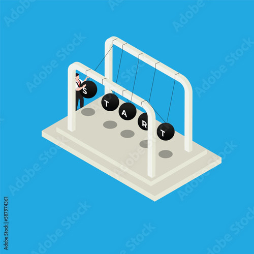 Process start. Balls pendulum. Start-up isometric 3d vector illustration concept for banner, website, illustration, landing page, flyer, etc.