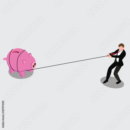 Businessman pulling piggy bank isometric 3d vector illustration concept for banner, website, illustration, landing page, flyer, etc.