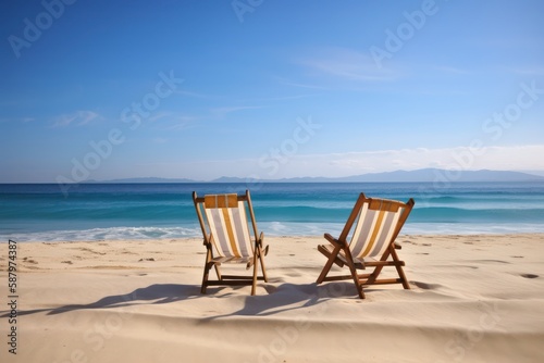 Two chairs on beach near the ocean on ready for honeymoon couple. Generative AI
