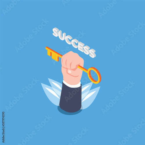 Businessman hand holding golden key to success isometric 3d vector illustration concept for banner, website, illustration, landing page, flyer, etc.