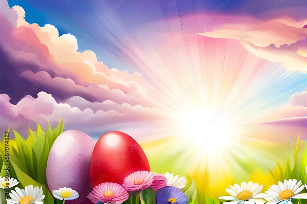 Wielkanocne jajka, łąka, wiosenne kwiaty, słońce, miejsce na tekst, tło, kartka. Wygenerowano z AI. - obrazy, fototapety, plakaty 