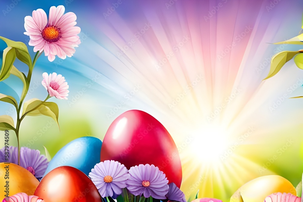 Wielkanocne jajka, łąka, wiosenne kwiaty, słońce, miejsce na tekst, tło, kartka. Wygenerowano z AI. - obrazy, fototapety, plakaty 