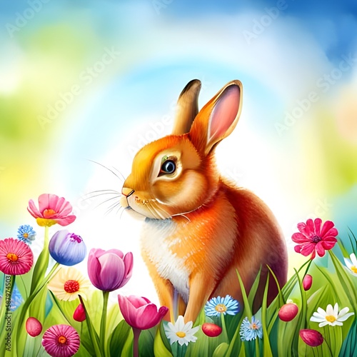 Wielkanocne królik, łąka, wiosenne kwiaty, słońce, miejsce na tekst, tło, kartka. Wygenerowano z AI.