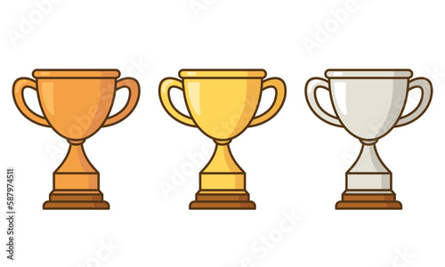 Gold, silver, and bronze trophy cartoon icon collection. First place champion trophy cup in flat style. Vector flat outline icon