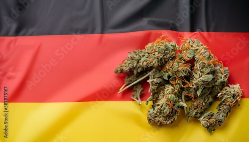Deutschland Flagge mit Drogen. Close-UP. Das Bild steht für die Leaglisierung in Deutschland von Cannabis / TBC THC / Gras / Weed / Marijuana. Platz für Text. Ideal als Header, Banner oder Wallpaper.