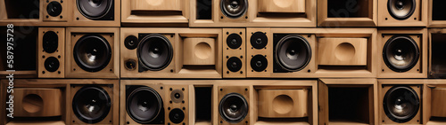 Generative AI image background of a large stack of wooden vintage music audio speakers.