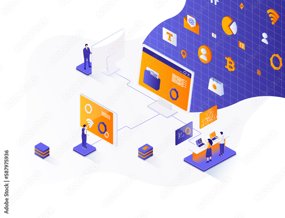 Fototapeta premium Cyberspace management isometric web banner. Network management software solution isometry concept. Operate and control cyber system 3d scene, flat design. Illustration with people characters.
