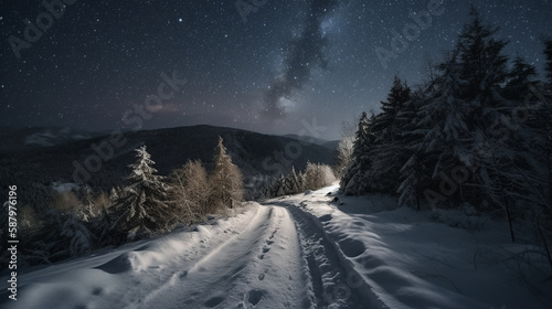 A winter storm in the mountains. The snowdrifts that cover the paths and roads make travel difficult, but the stars in the sky add a sense of peace and tranquility to the scene. Generative AI