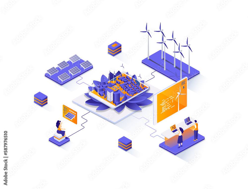 Green city isometric web banner. Alternative power generation isometry concept. Solar battery and wind turbine 3d scene, green energy technology flat design. Illustration with people characters.