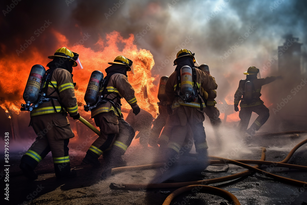 A powerful image of firefighters battling a fire together, demonstrating their bravery and strength as they work to protect their community. Generative AI. Back view