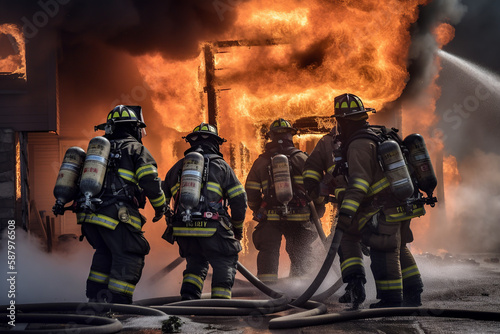 A powerful image of firefighters battling a fire together, demonstrating their bravery and strength as they work to protect their community. Generative AI. Back view