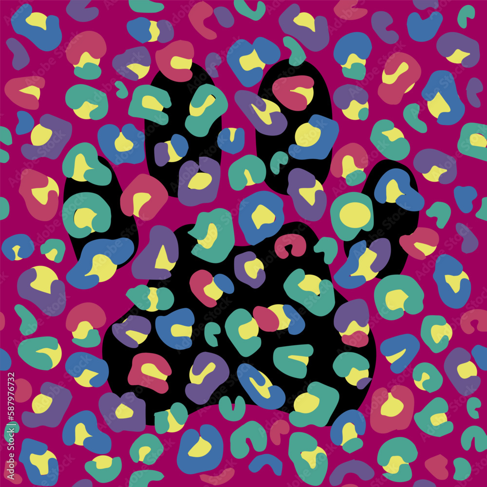 Fototapeta premium Bright leopard print with black paw print. Purple, teal, blue and yellow colors